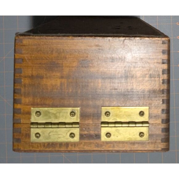 Wooden Dovetail Box Metal Blade Insert Hinged Lid Library card index oak vintage - Picture 13 of 16